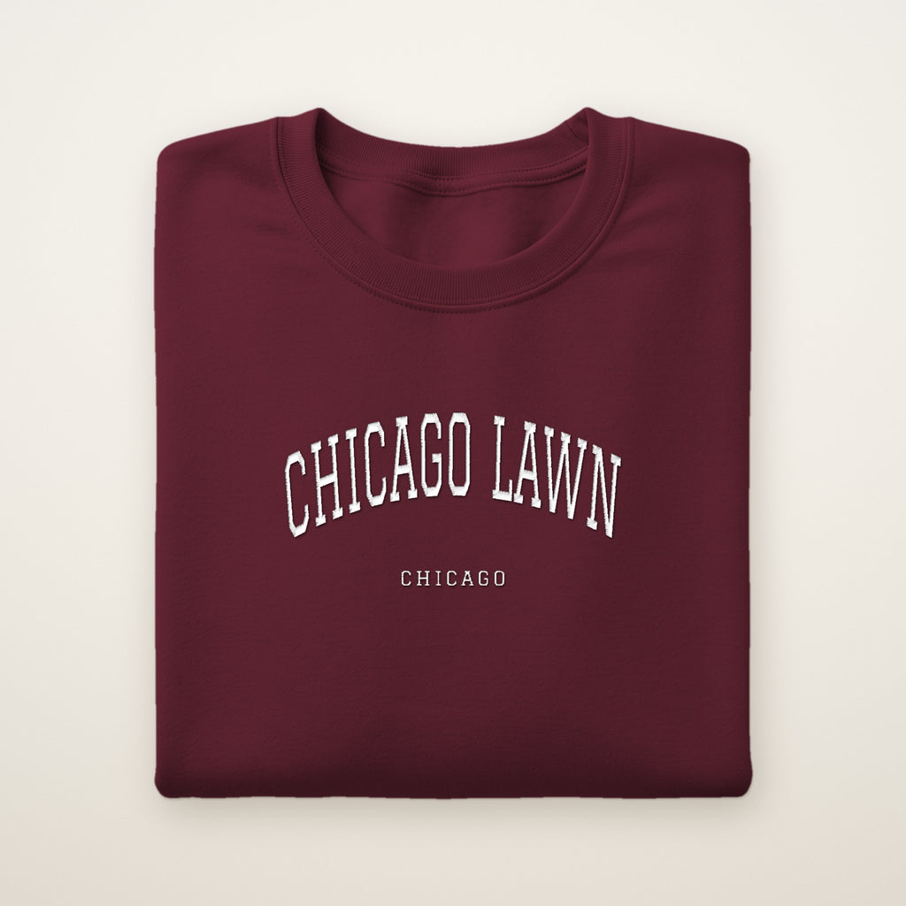 Chicago Lawn Chicago Embroidered Crewneck — White Thread on Maroon