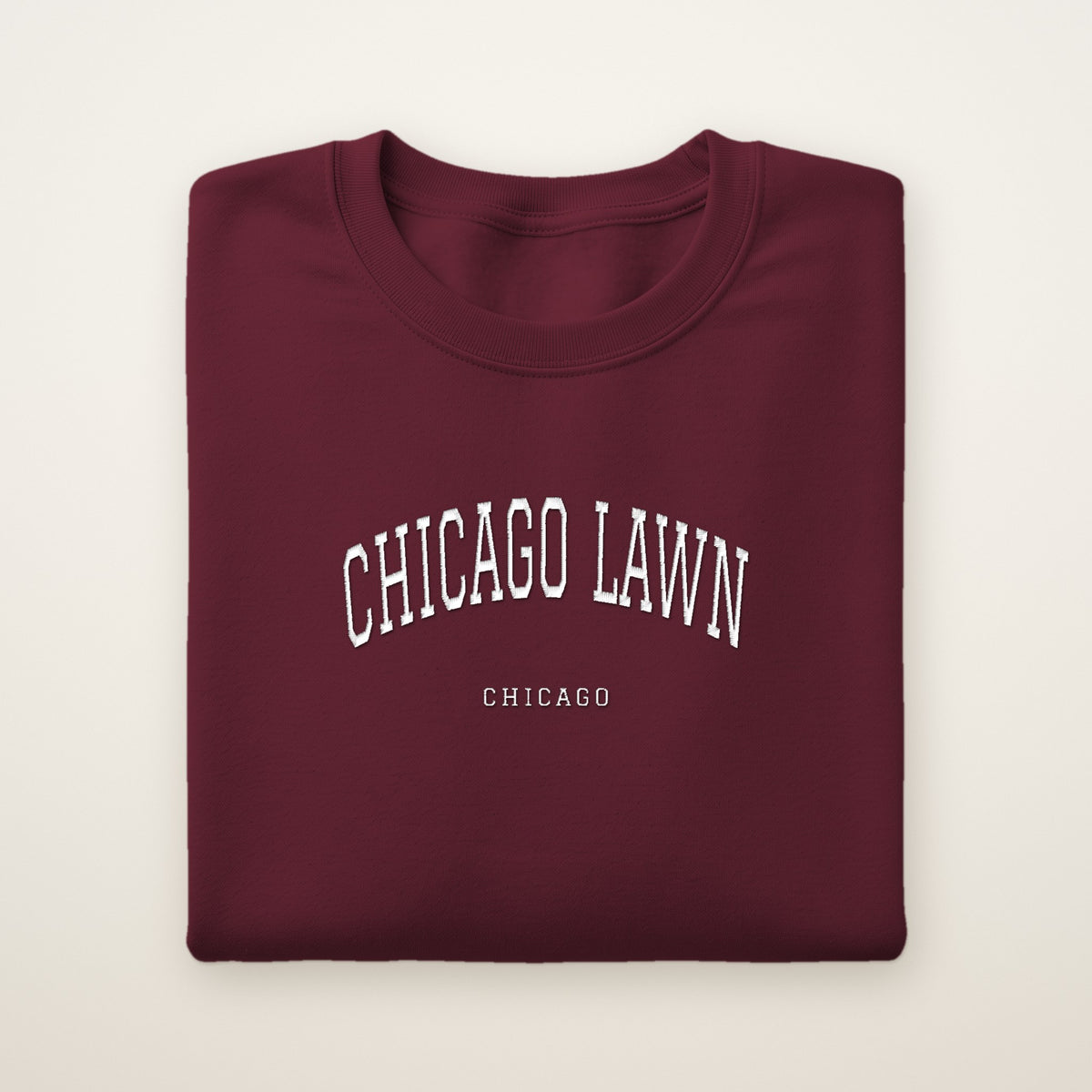 Chicago Lawn Chicago Embroidered Crewneck — White Thread on Maroon