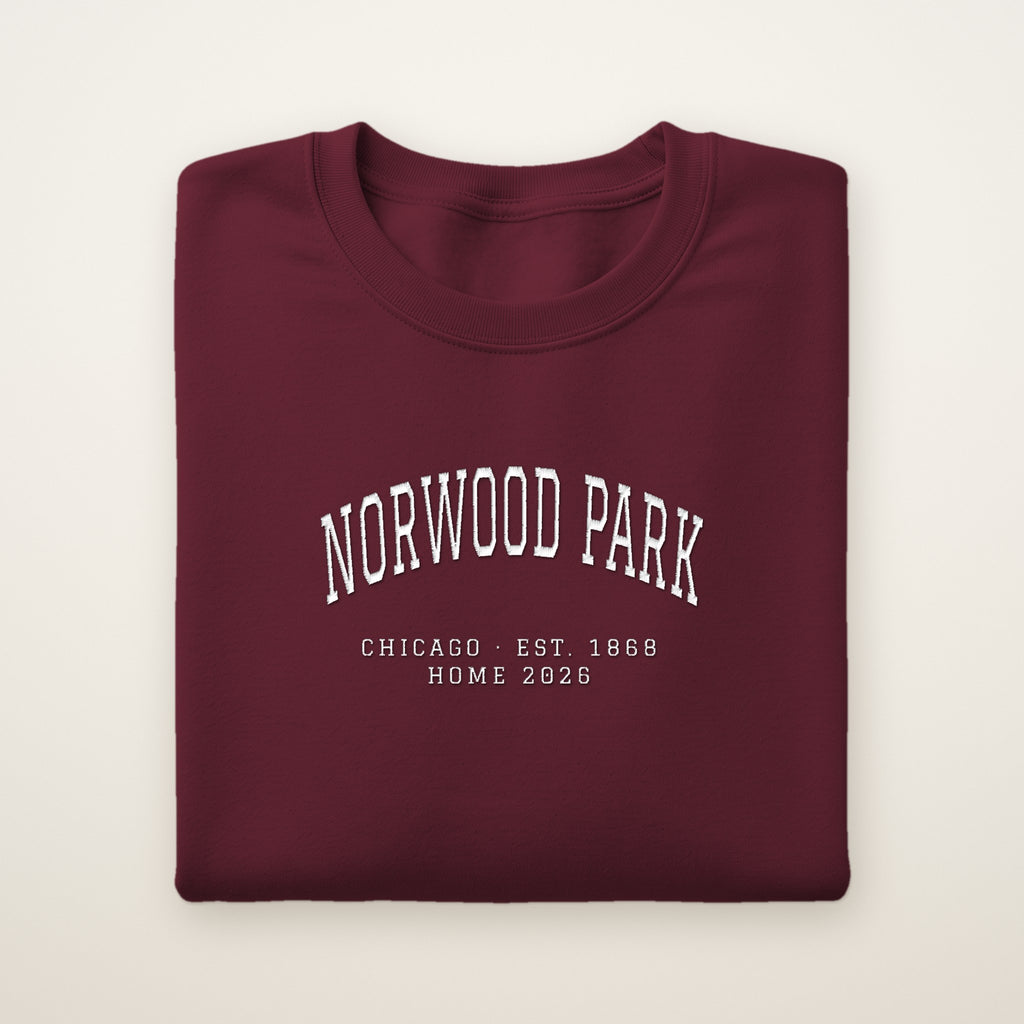 Norwood Park Chicago Home 2026 Embroidered Crewneck — White Thread on Maroon