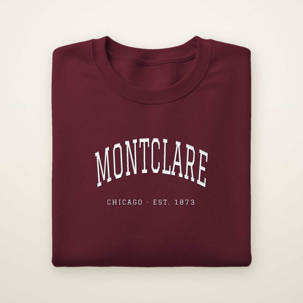 Montclare Chicago Embroidered Crewneck — White Thread on Maroon