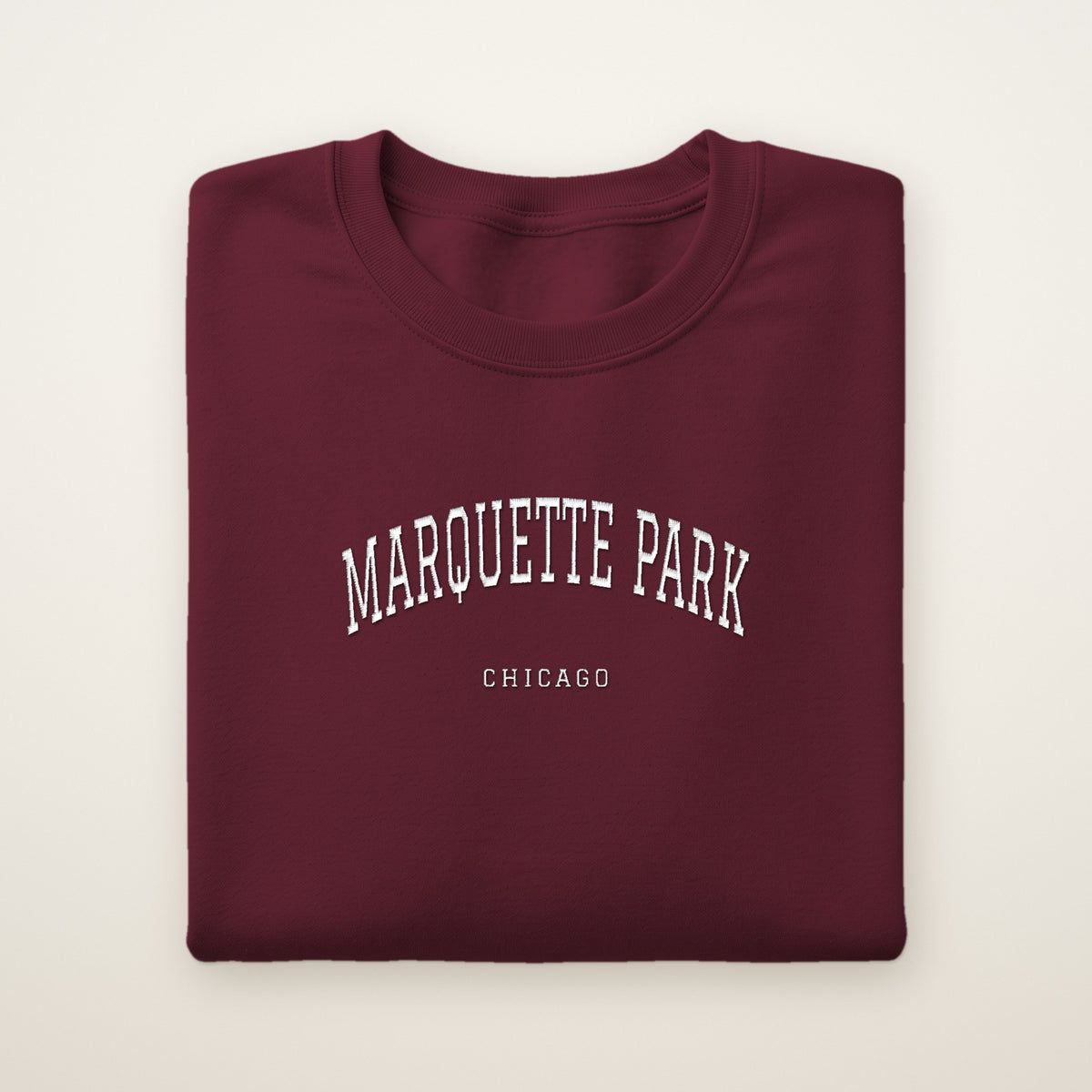 Marquette Park Chicago Embroidered Crewneck — White Thread on Maroon