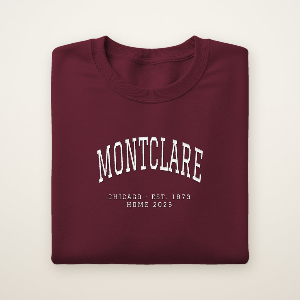 Montclare Chicago Home 2026 Embroidered Crewneck — White Thread on Maroon