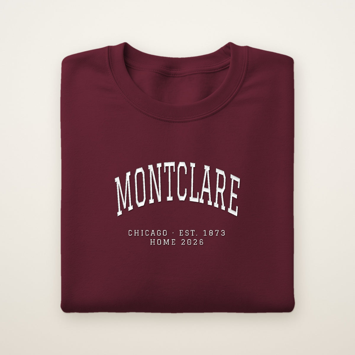 Montclare Chicago Home 2026 Embroidered Crewneck — White Thread on Maroon