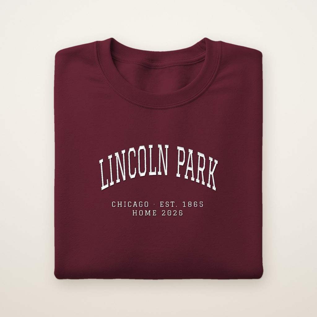 Lincoln Park Chicago Home 2026 Embroidered Crewneck — White Thread on Maroon