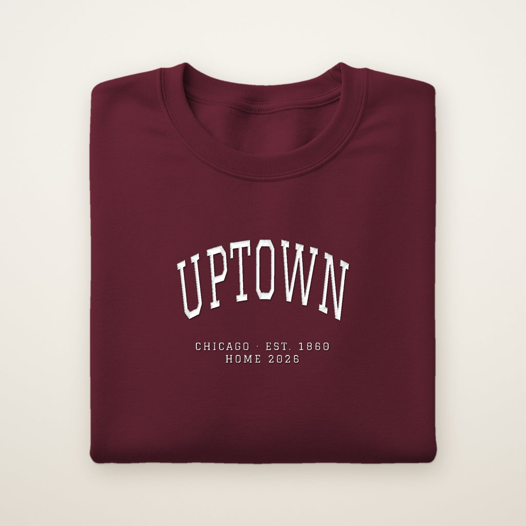 Uptown Chicago Home 2026 Embroidered Crewneck — White Thread on Maroon