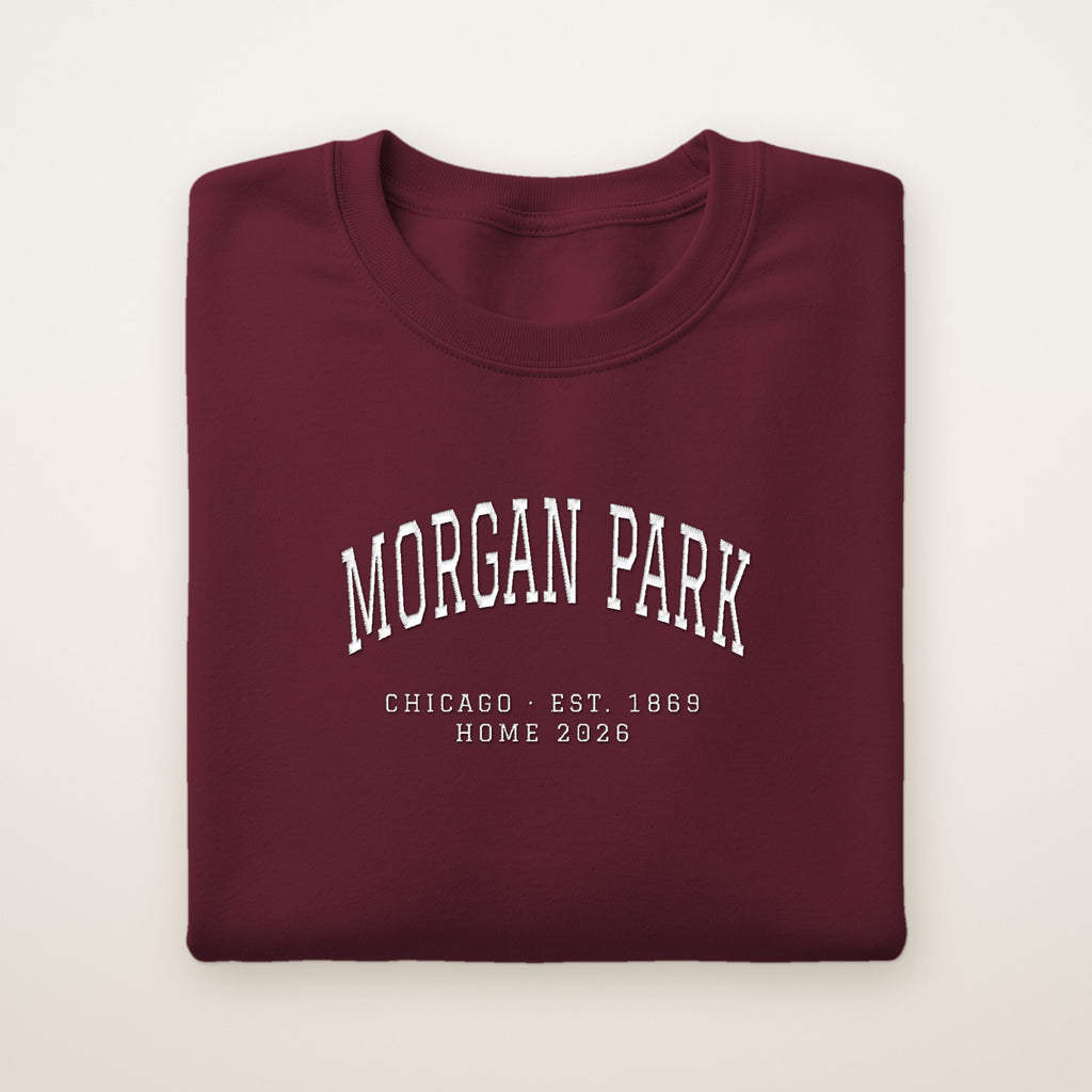 Morgan Park Chicago Home 2026 Embroidered Crewneck — White Thread on Maroon