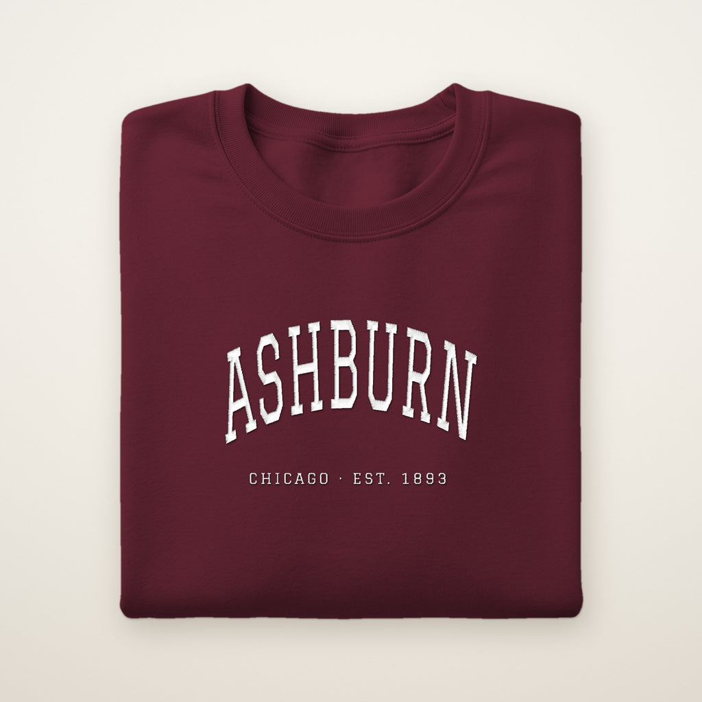 Ashburn Chicago Embroidered Crewneck — White Thread on Maroon