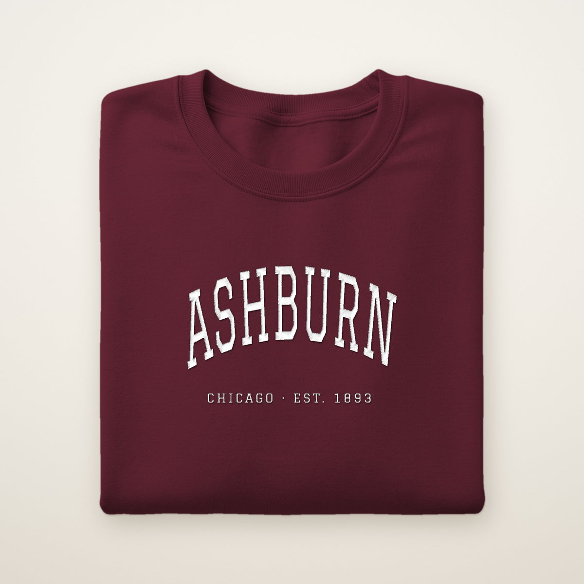 Ashburn Chicago Embroidered Crewneck — White Thread on Maroon