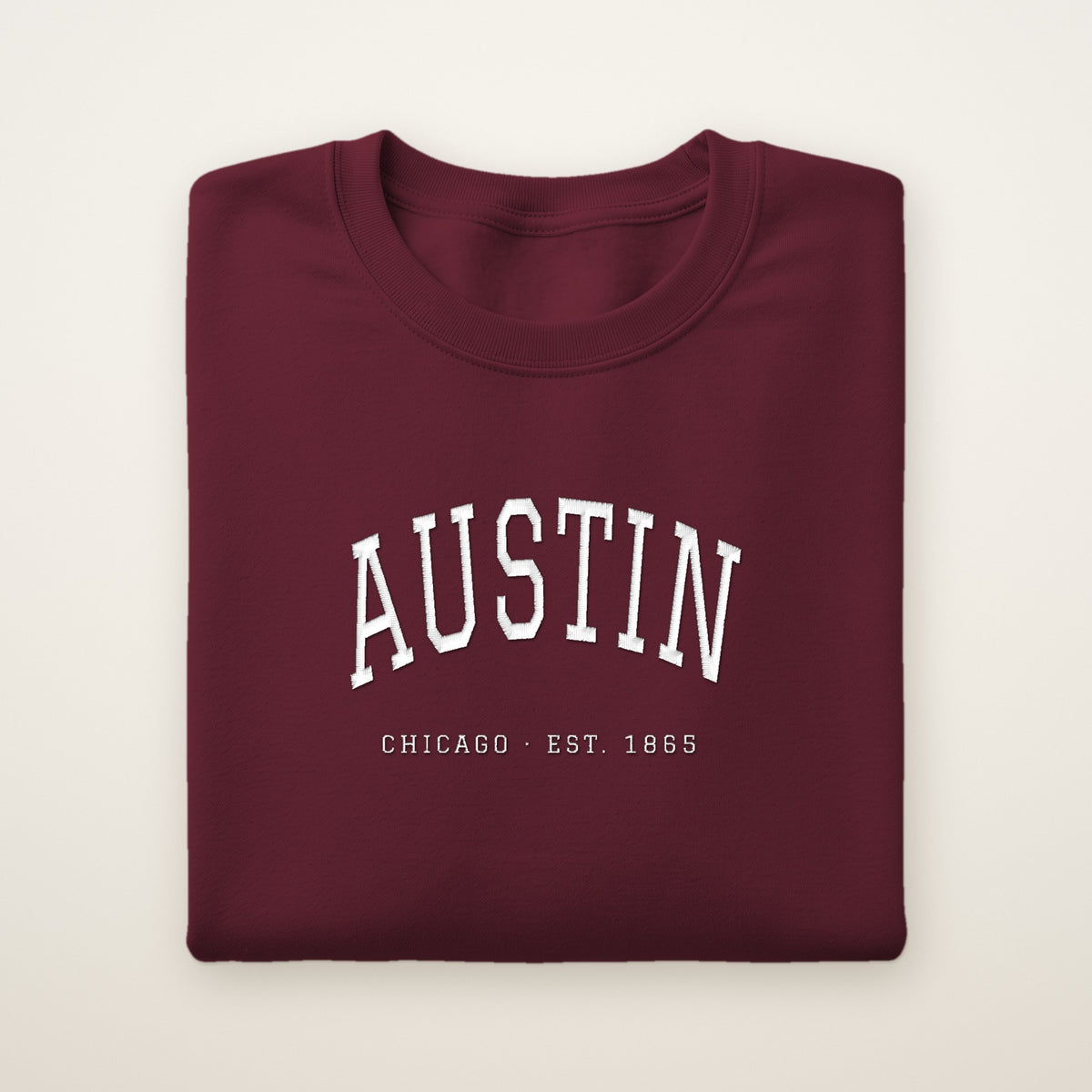 Austin Chicago Embroidered Crewneck — White Thread on Maroon