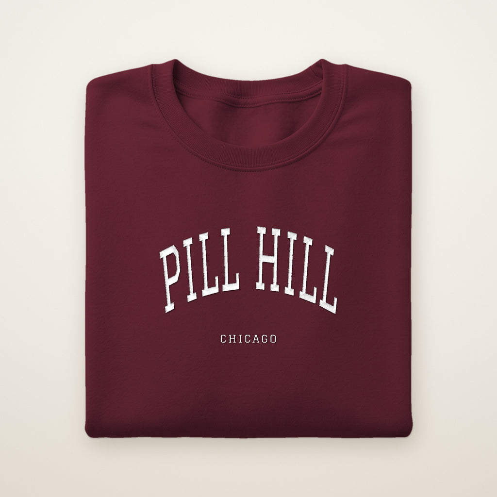 Pill Hill Chicago Embroidered Crewneck — White Thread on Maroon