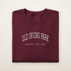Old Irving Park Chicago Embroidered Crewneck — White Thread on Maroon