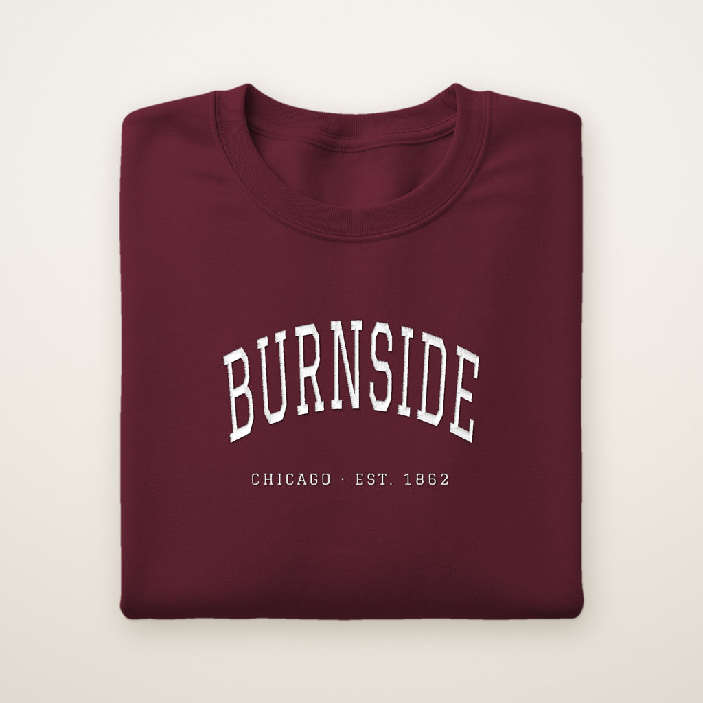 Burnside Chicago Embroidered Crewneck — White Thread on Maroon
