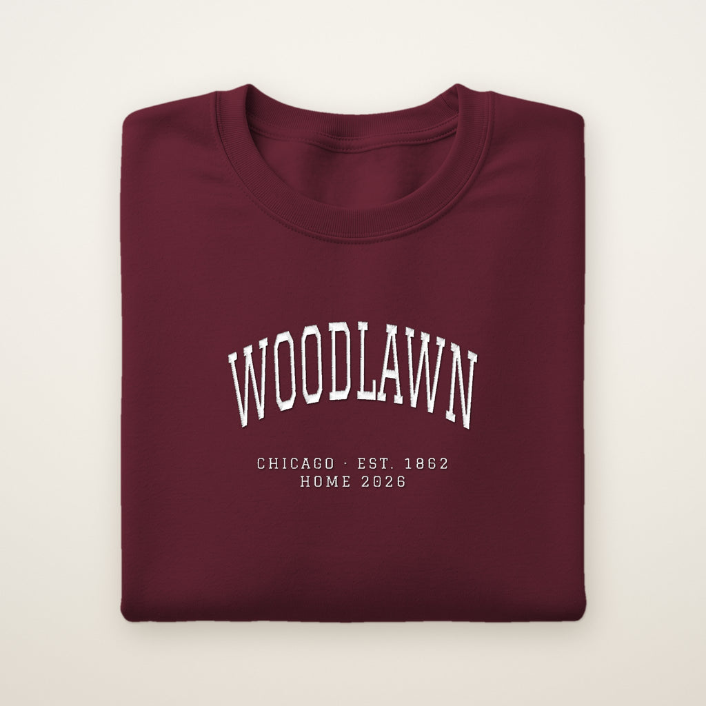 Woodlawn Chicago Home 2026 Embroidered Crewneck — White Thread on Maroon