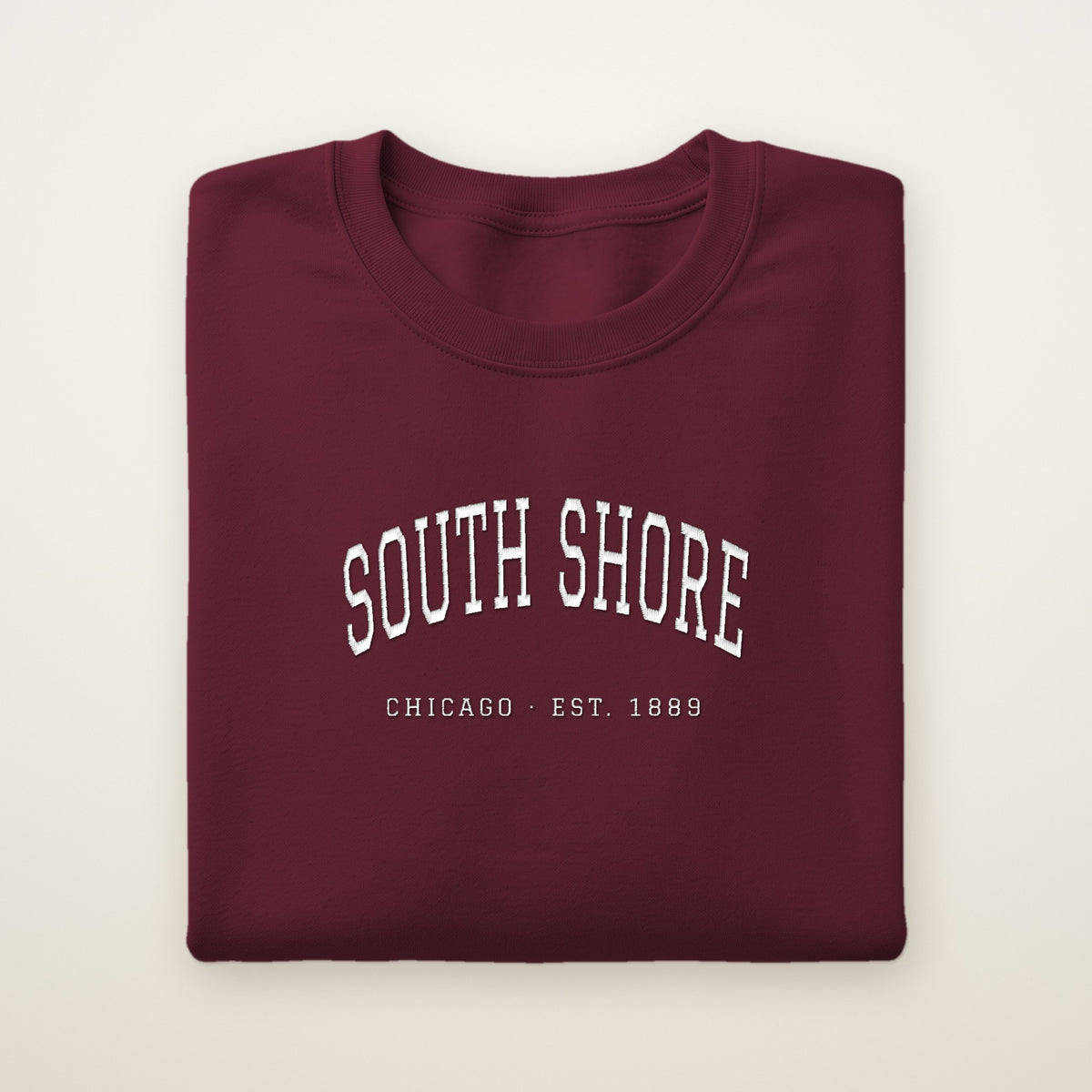 South Shore Chicago Embroidered Crewneck — White Thread on Maroon