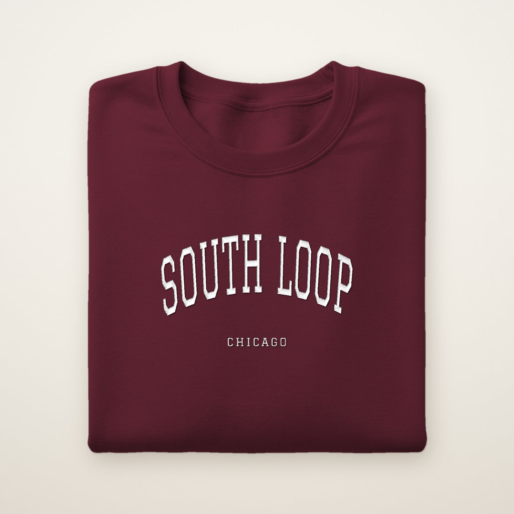 South Loop Chicago Embroidered Crewneck — White Thread on Maroon