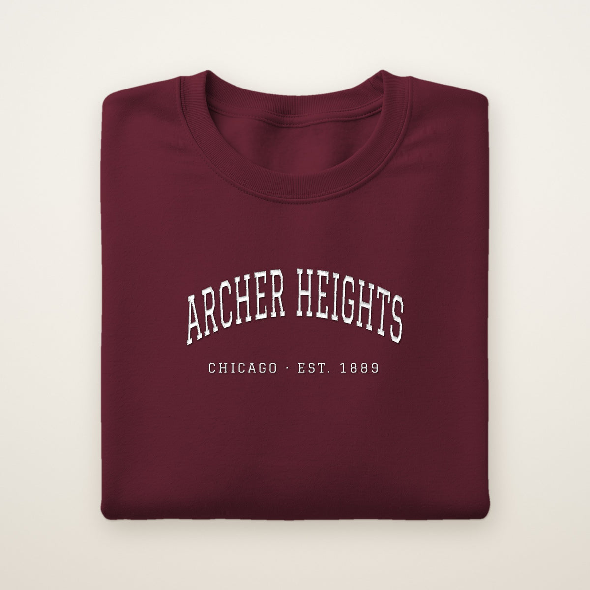 Archer Heights Chicago Embroidered Crewneck — White Thread on Maroon