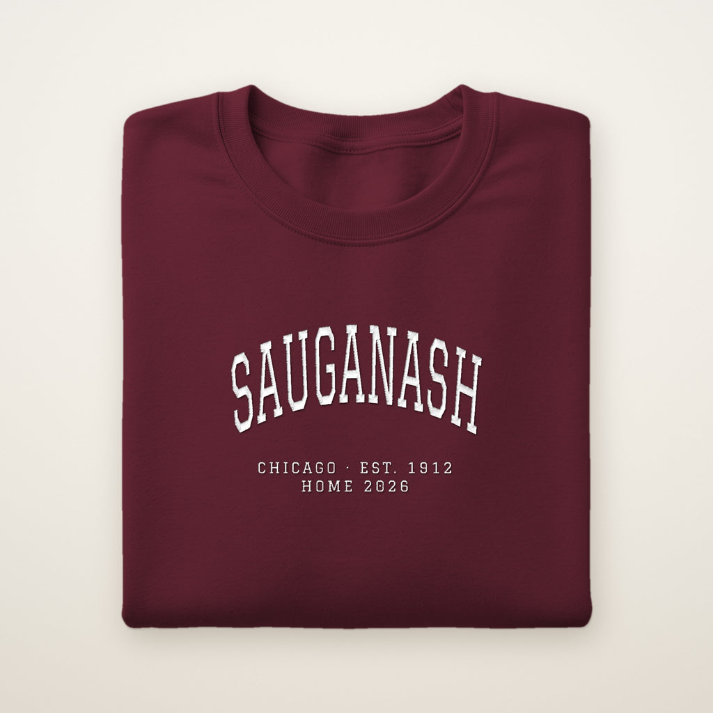 Sauganash Chicago Home 2026 Embroidered Crewneck — White Thread on Maroon