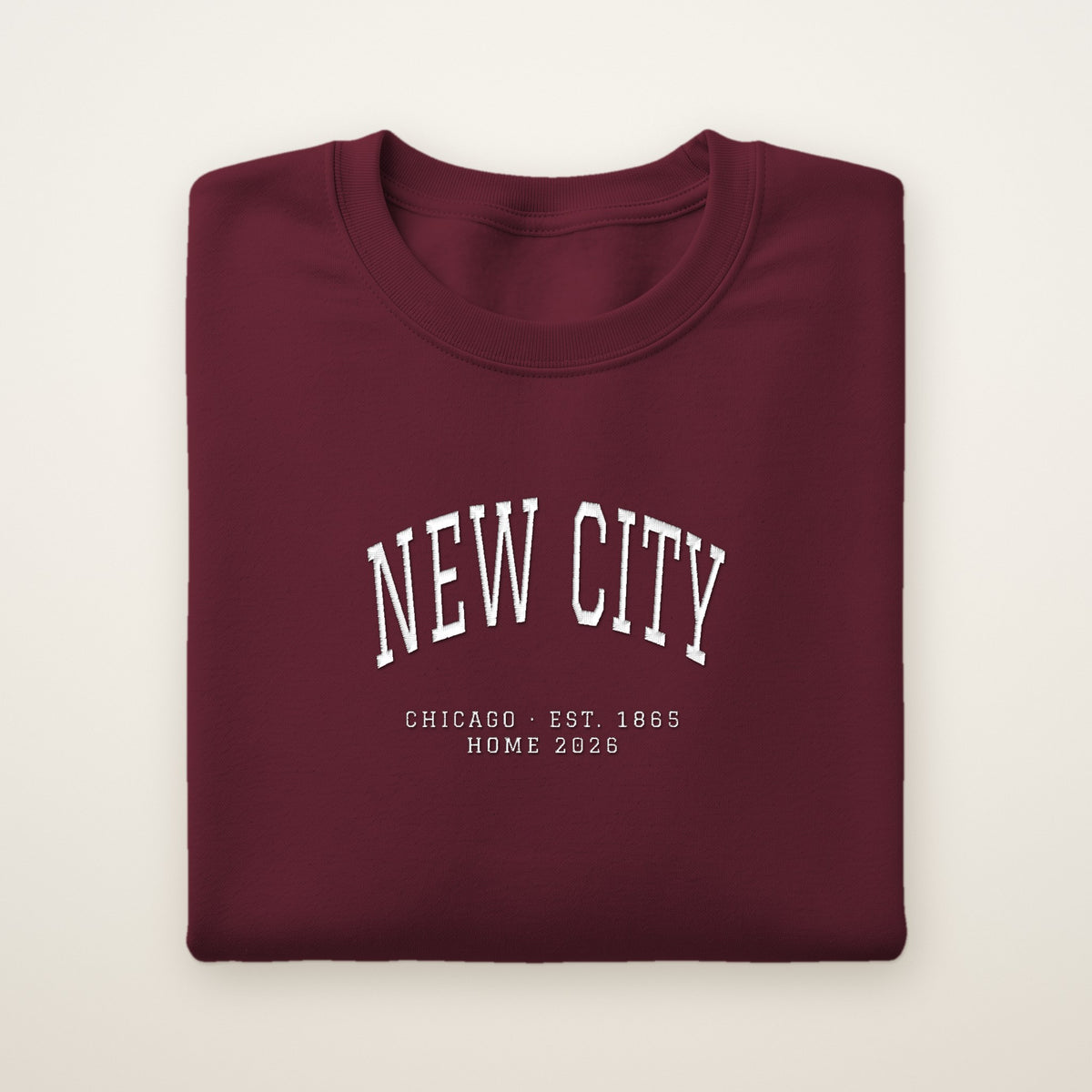 New City Chicago Home 2026 Embroidered Crewneck — White Thread on Maroon