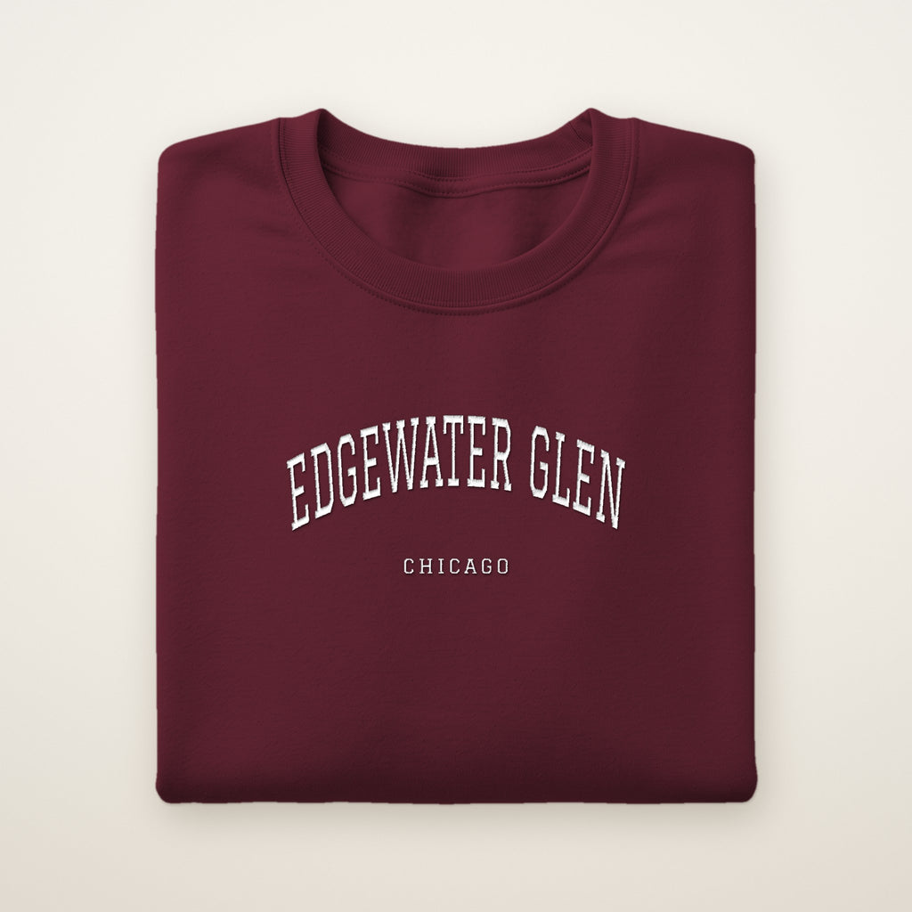 Edgewater Glen Chicago Embroidered Crewneck — White Thread on Maroon