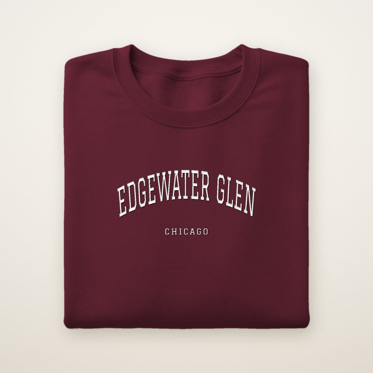Edgewater Glen Chicago Embroidered Crewneck — White Thread on Maroon