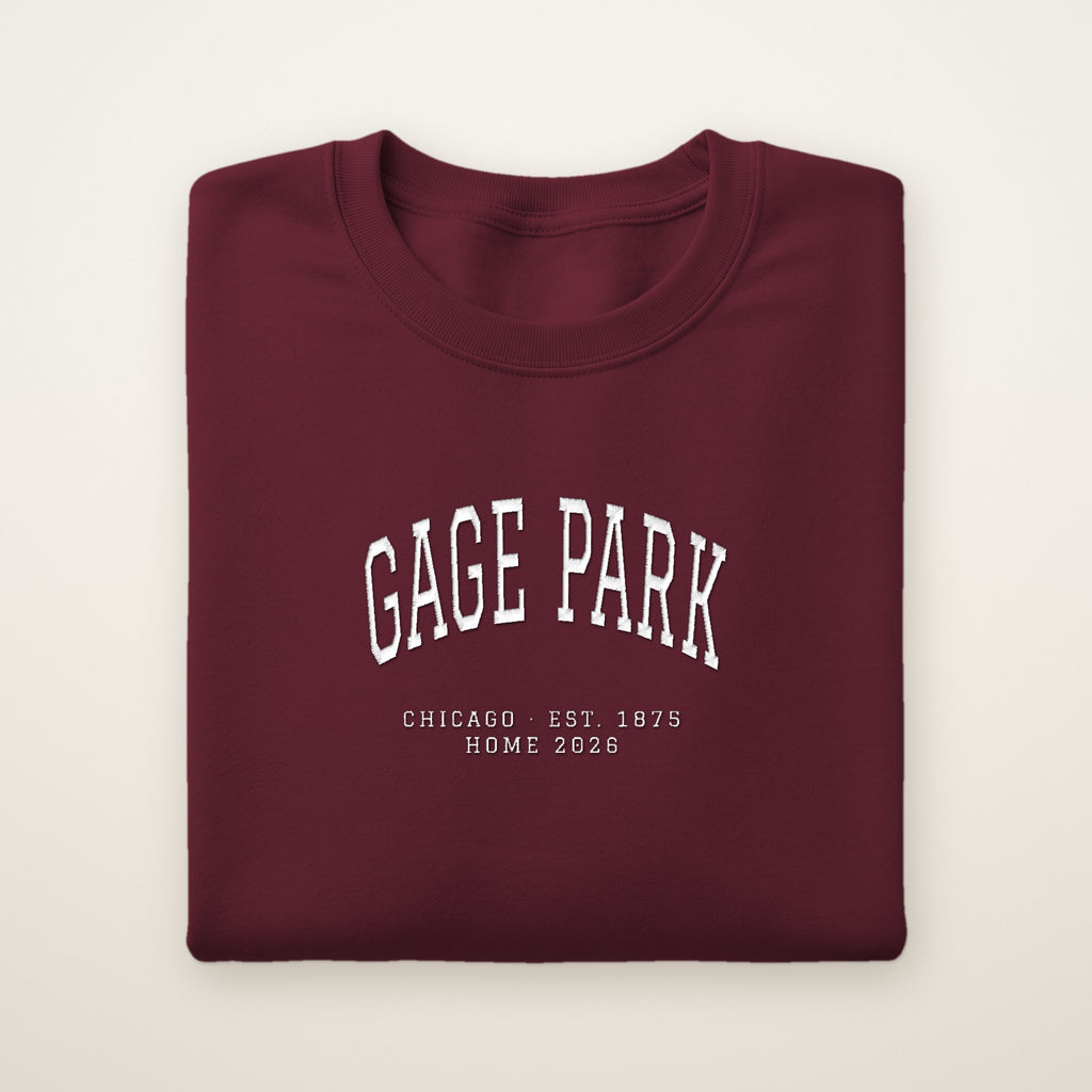Gage Park Chicago Home 2026 Embroidered Crewneck — White Thread on Maroon