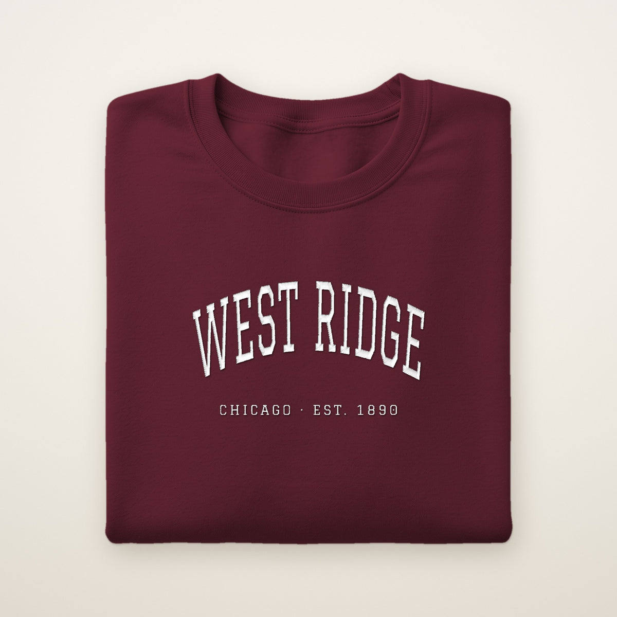 West Ridge Chicago Embroidered Crewneck — White Thread on Maroon