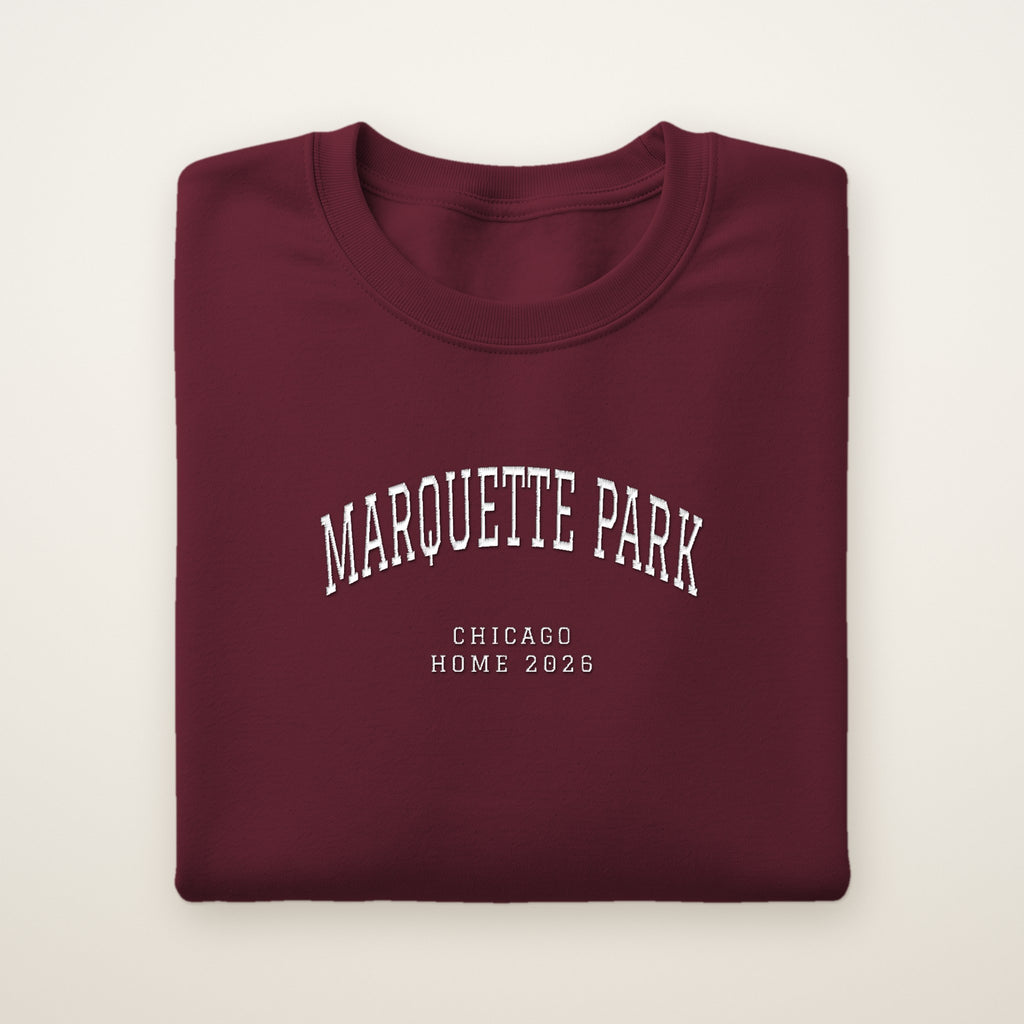 Marquette Park Chicago Home 2026 Embroidered Crewneck — White Thread on Maroon