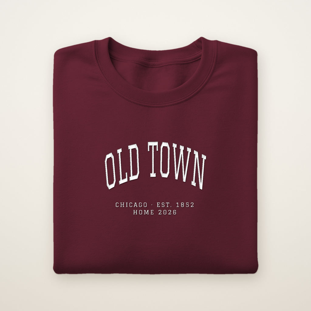 Old Town Chicago Home 2026 Embroidered Crewneck — White Thread on Maroon