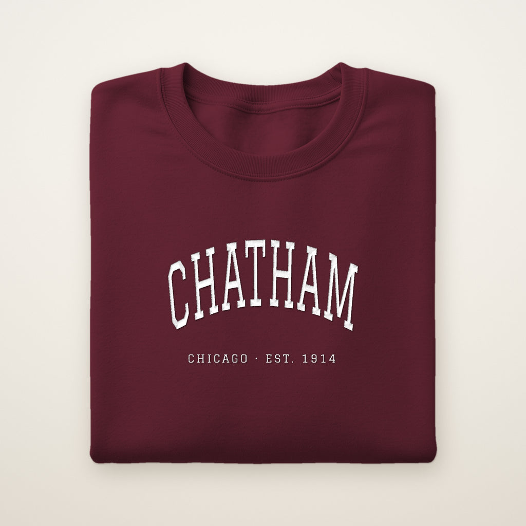 Chatham Chicago Embroidered Crewneck — White Thread on Maroon