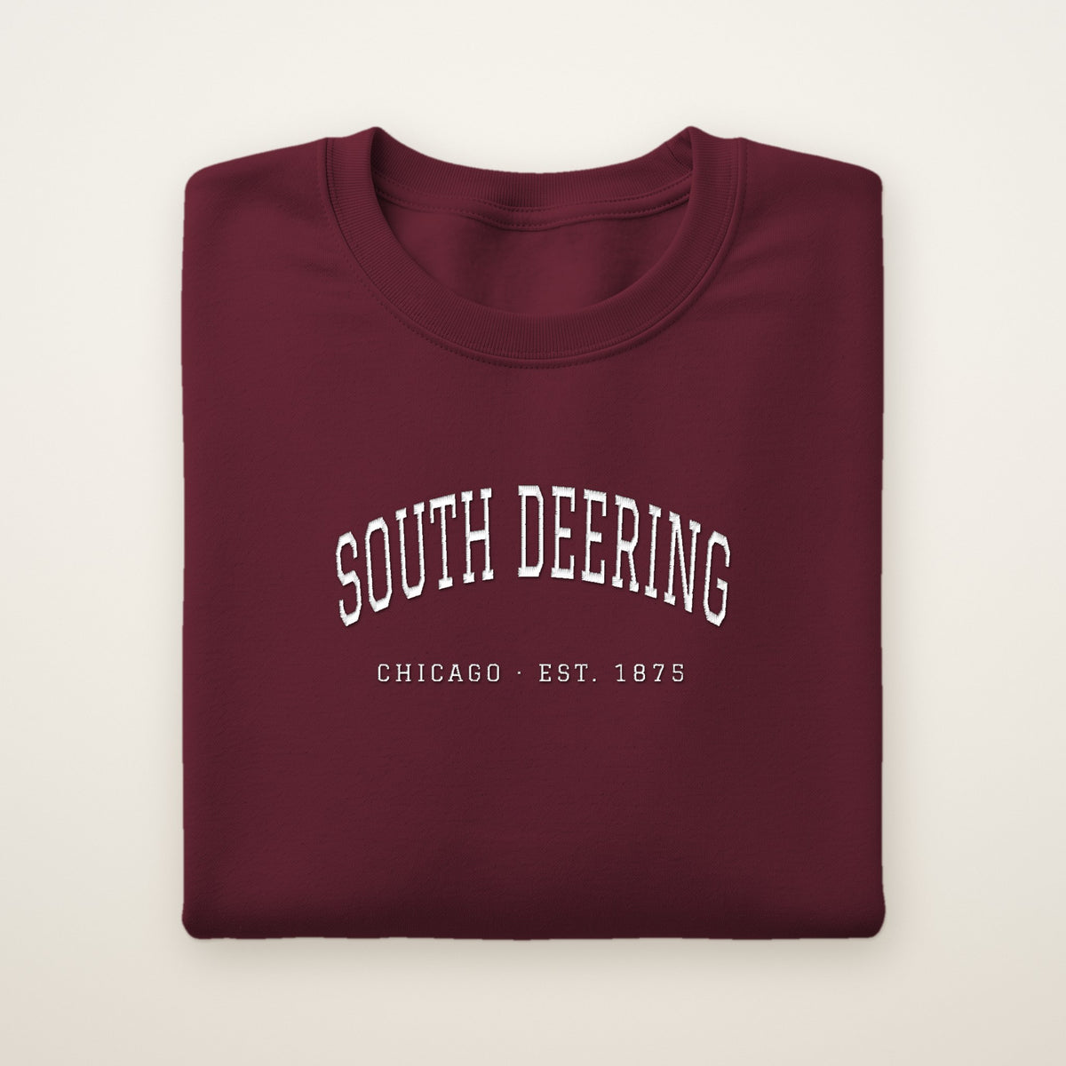 South Deering Chicago Embroidered Crewneck — White Thread on Maroon