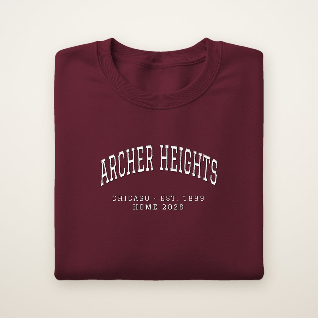 Archer Heights Chicago Home 2026 Embroidered Crewneck — White Thread on Maroon