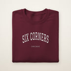 Six Corners Chicago Embroidered Crewneck — White Thread on Maroon