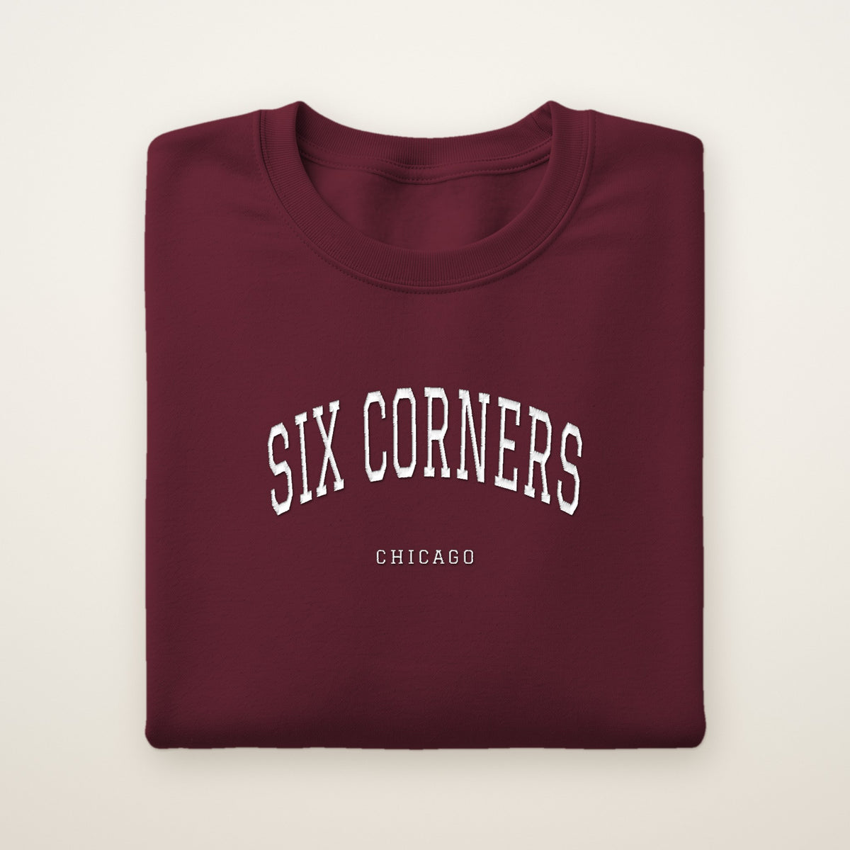 Six Corners Chicago Embroidered Crewneck — White Thread on Maroon