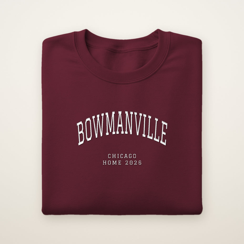 Bowmanville Chicago Home 2026 Embroidered Crewneck — White Thread on Maroon