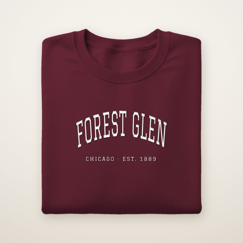 Forest Glen Chicago Embroidered Crewneck — White Thread on Maroon