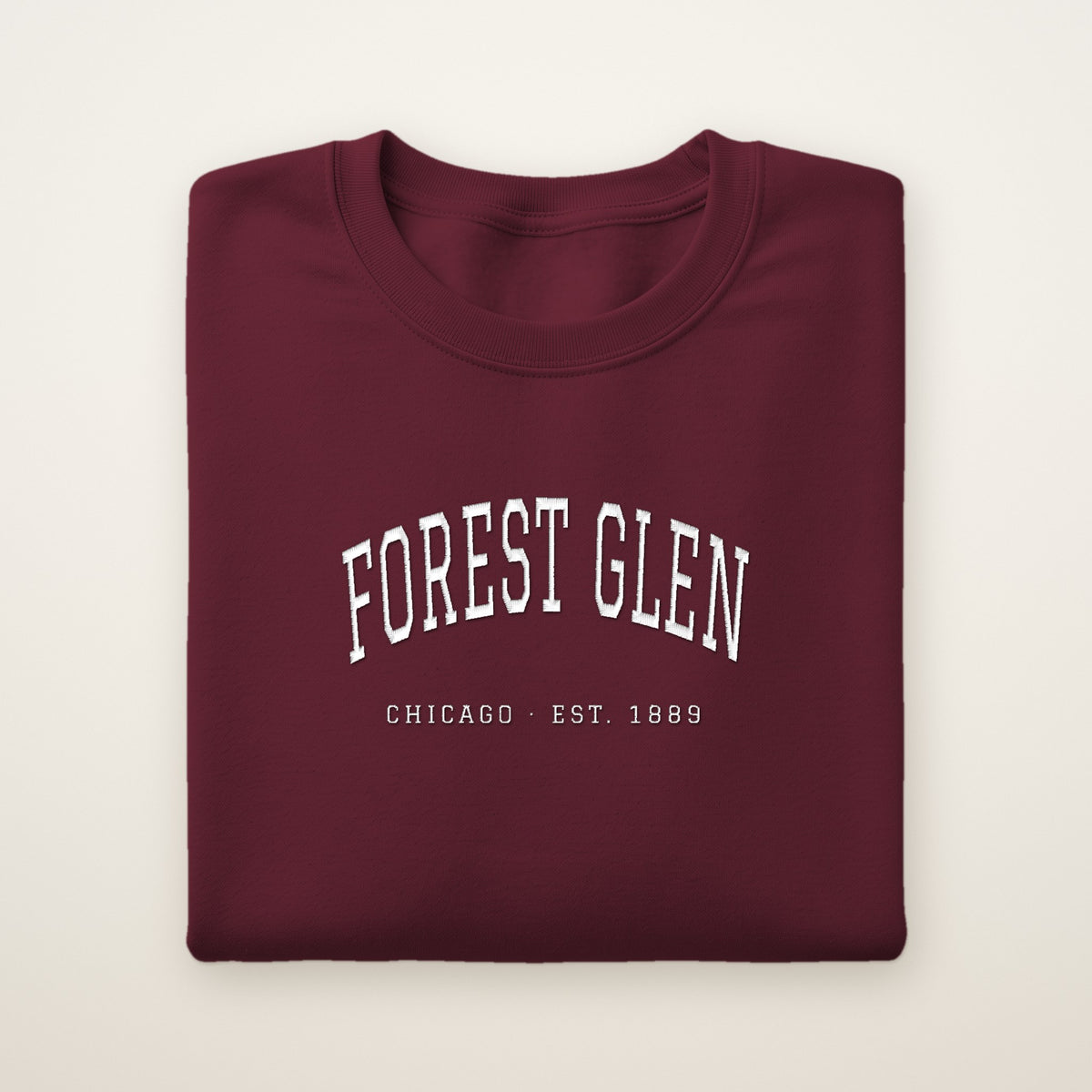 Forest Glen Chicago Embroidered Crewneck — White Thread on Maroon