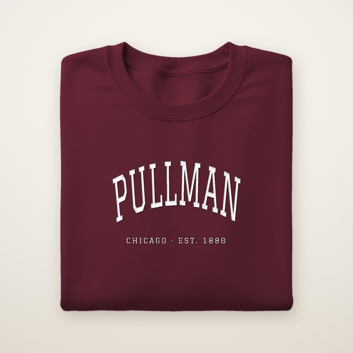 Pullman Chicago Embroidered Crewneck — White Thread on Maroon
