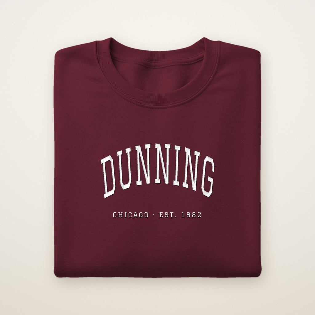Dunning Chicago Embroidered Crewneck — White Thread on Maroon