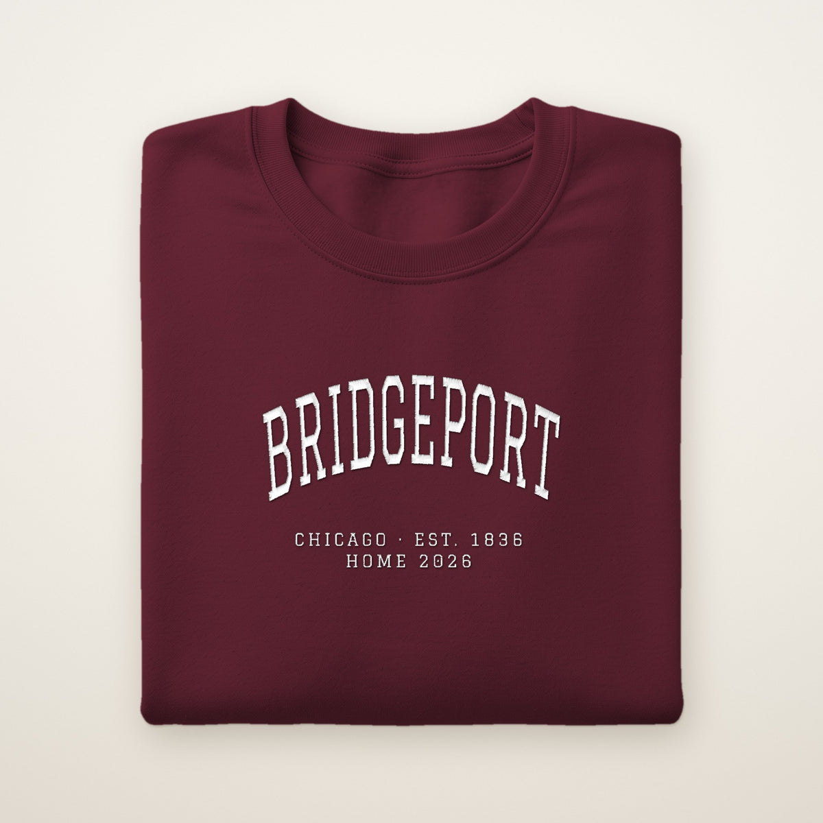 Bridgeport Chicago Home 2026 Embroidered Crewneck — White Thread on Maroon