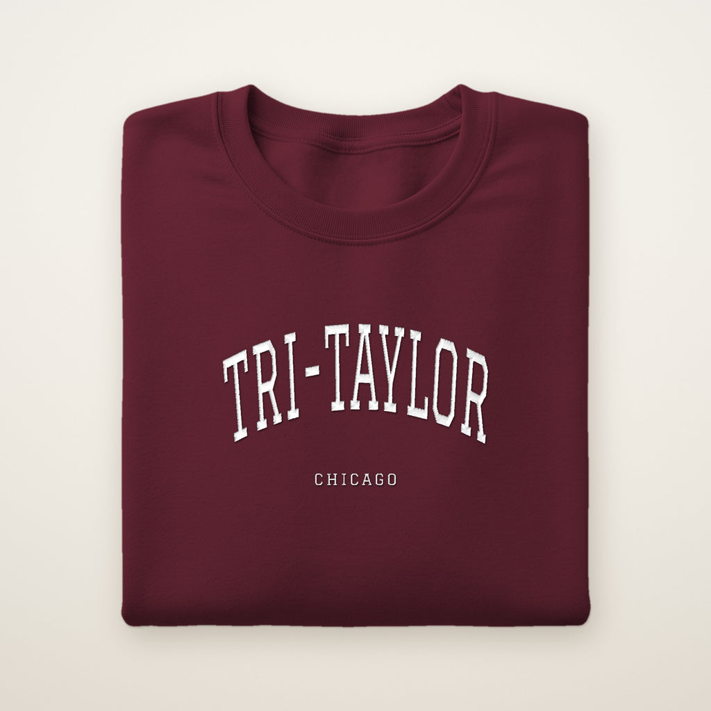 Tri-Taylor Chicago Embroidered Crewneck — White Thread on Maroon