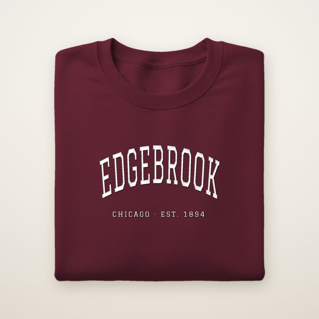 Edgebrook Chicago Embroidered Crewneck — White Thread on Maroon