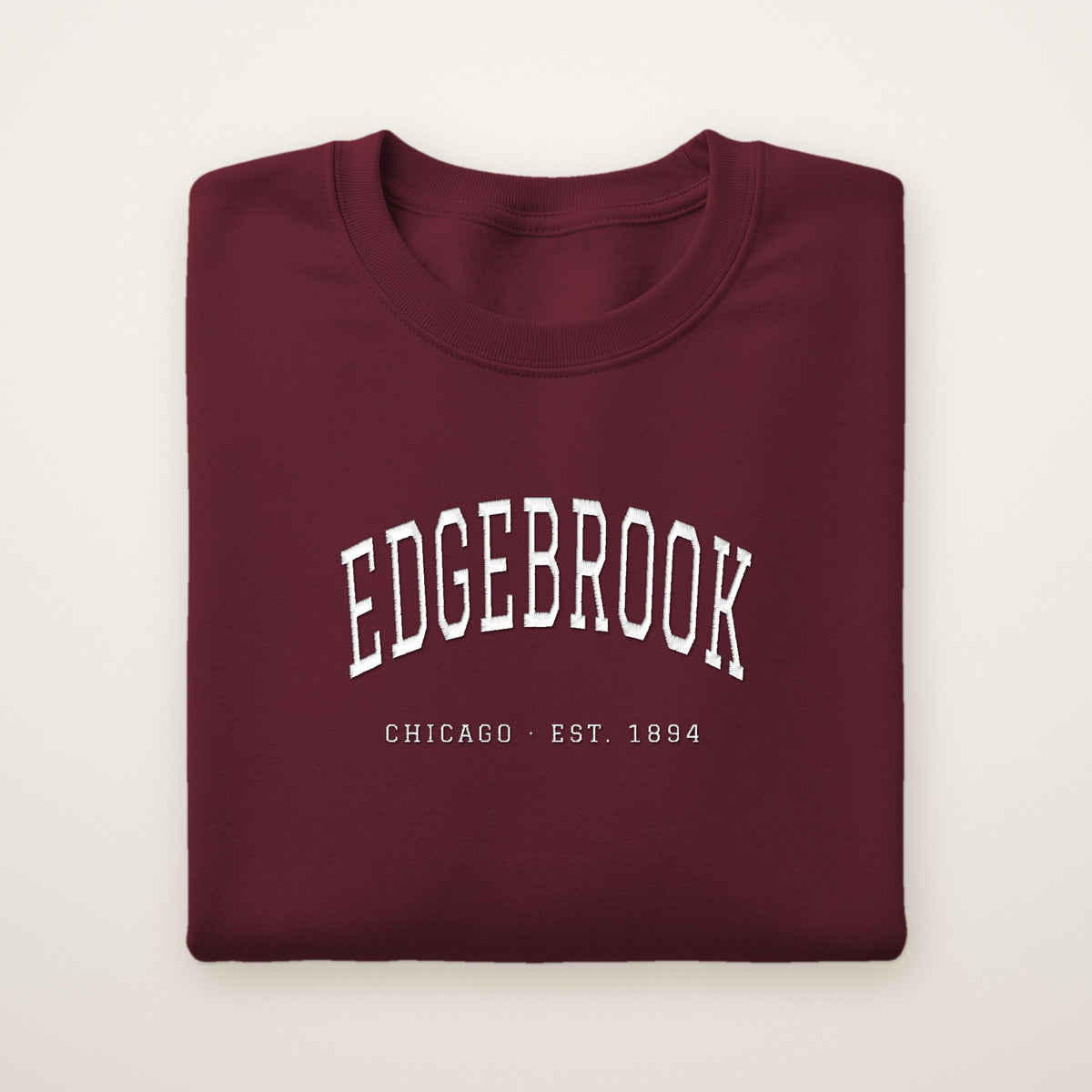 Edgebrook Chicago Embroidered Crewneck — White Thread on Maroon