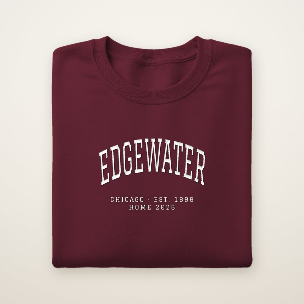Edgewater Chicago Home 2026 Embroidered Crewneck — White Thread on Maroon
