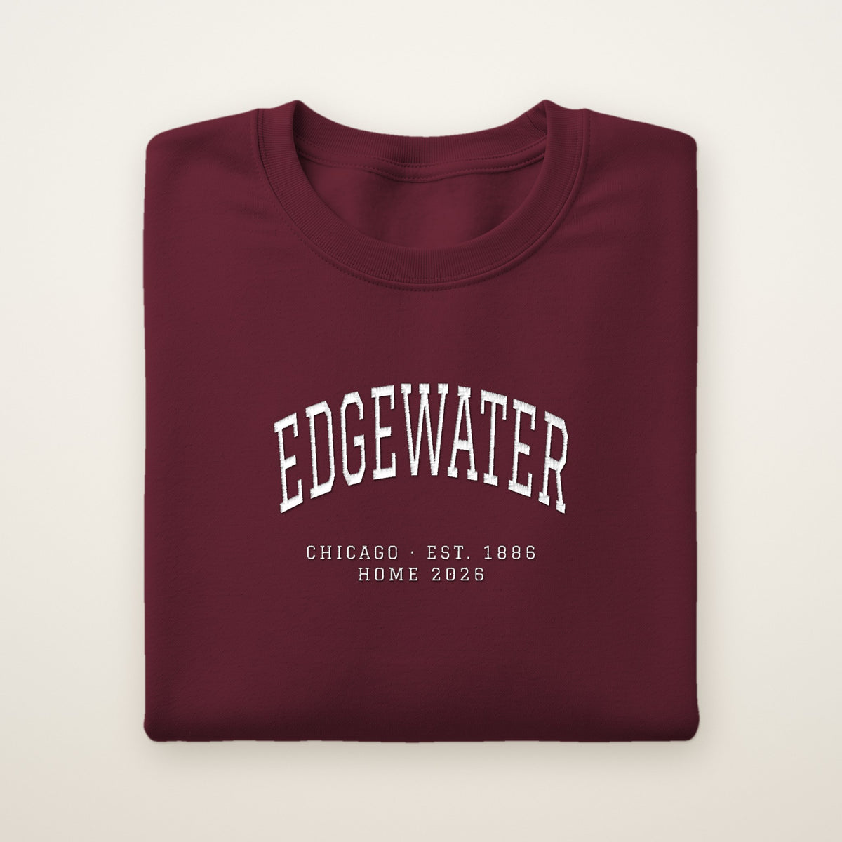 Edgewater Chicago Home 2026 Embroidered Crewneck — White Thread on Maroon