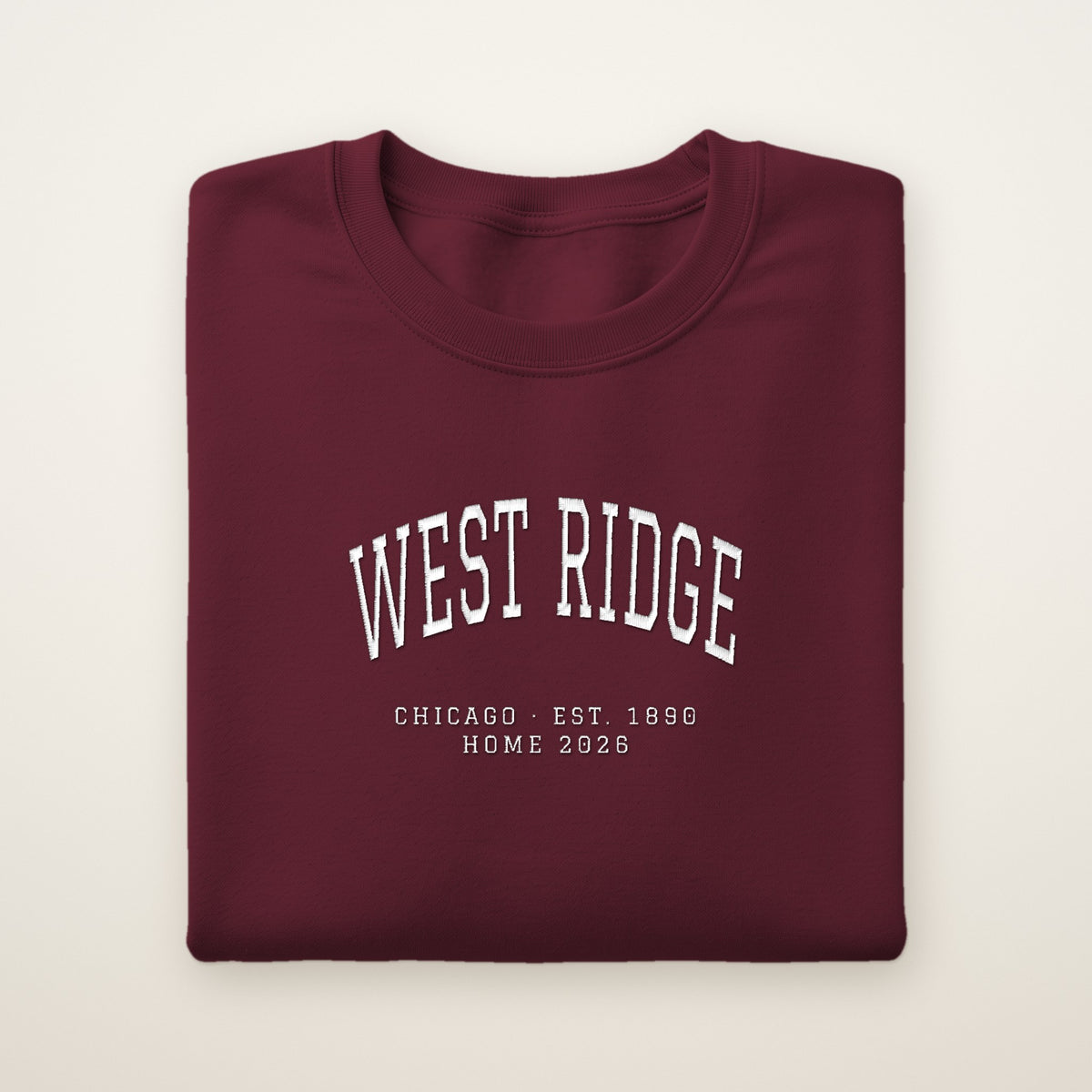 West Ridge Chicago Home 2026 Embroidered Crewneck — White Thread on Maroon