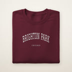 Brighton Park Chicago Embroidered Crewneck — White Thread on Maroon