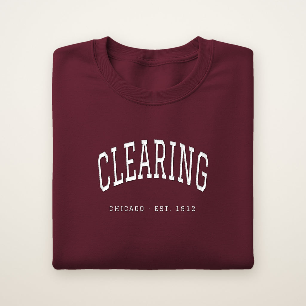 Clearing Chicago Embroidered Crewneck — White Thread on Maroon