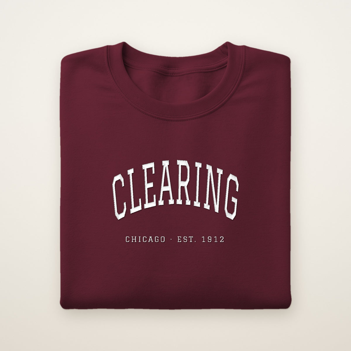 Clearing Chicago Embroidered Crewneck — White Thread on Maroon