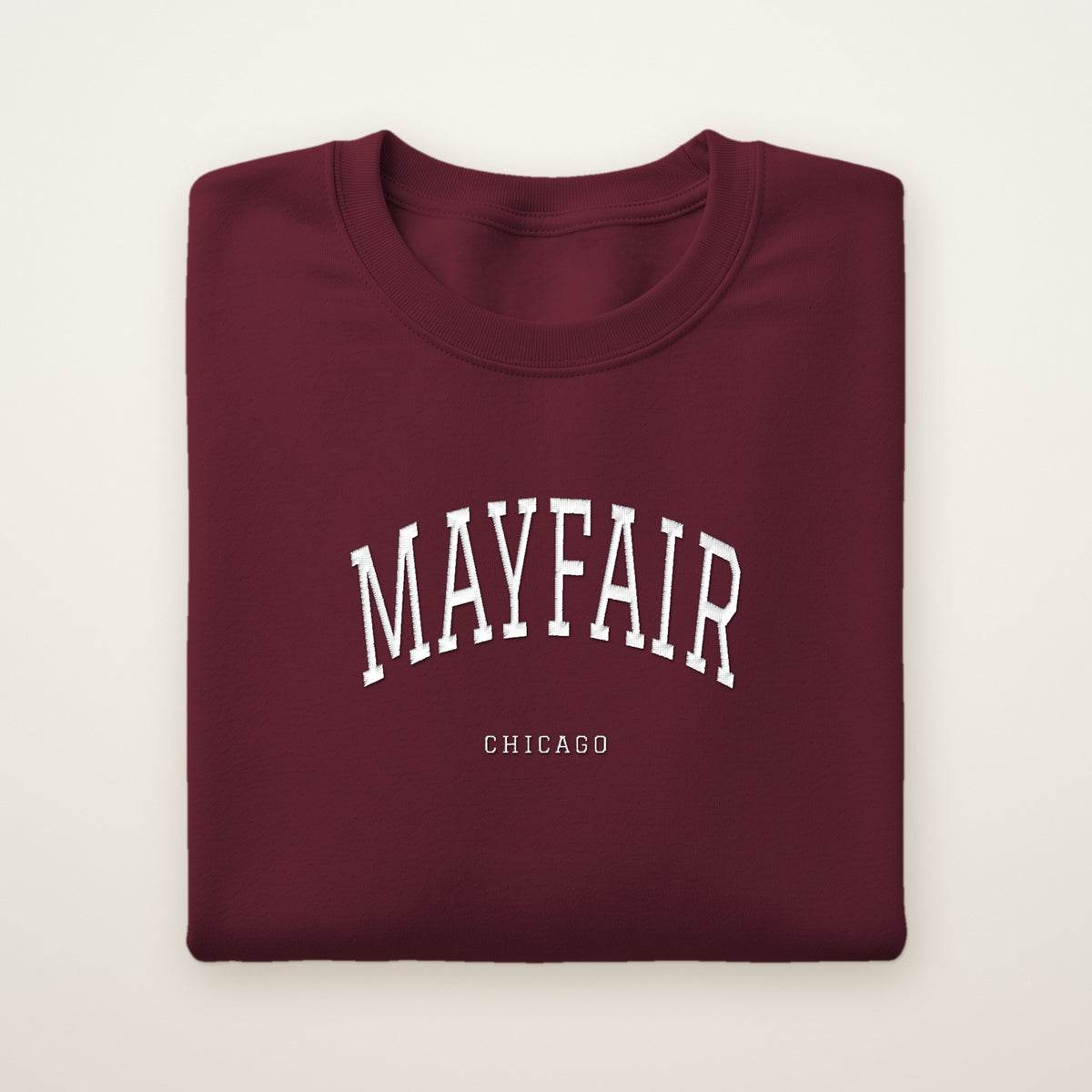 Mayfair Chicago Embroidered Crewneck — White Thread on Maroon