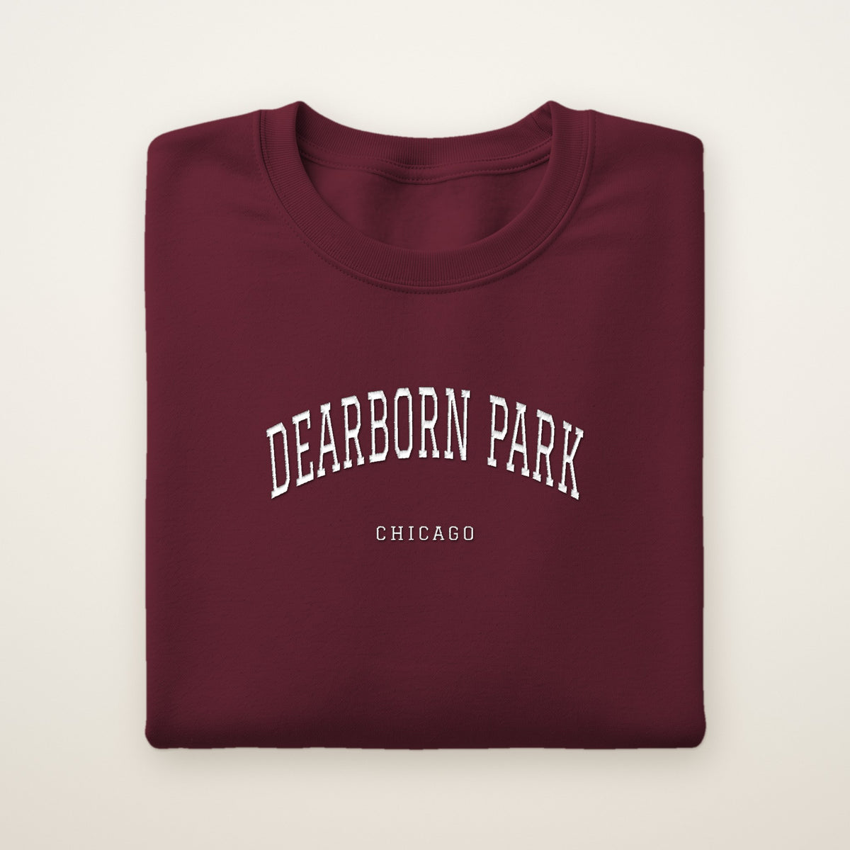 Dearborn Park Chicago Embroidered Crewneck — White Thread on Maroon